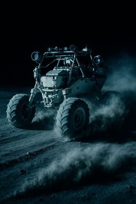 a monster truck driving down a dirt road