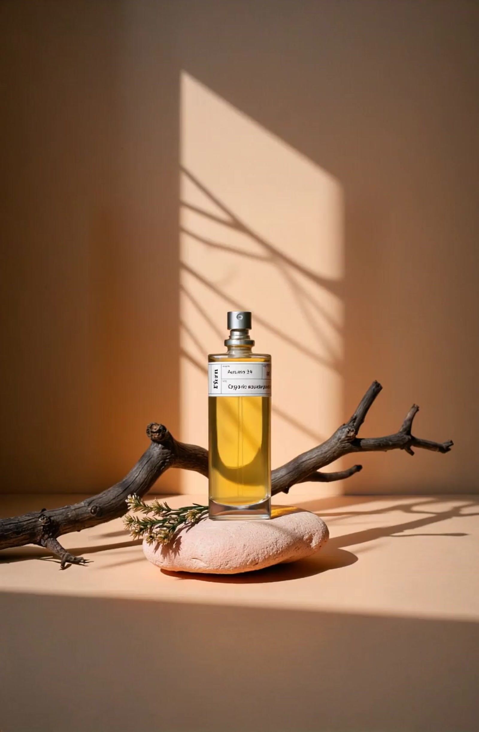 a bottle of perfume sitting on top of a rock
