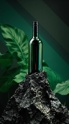 a bottle of wine sitting on top of a rock