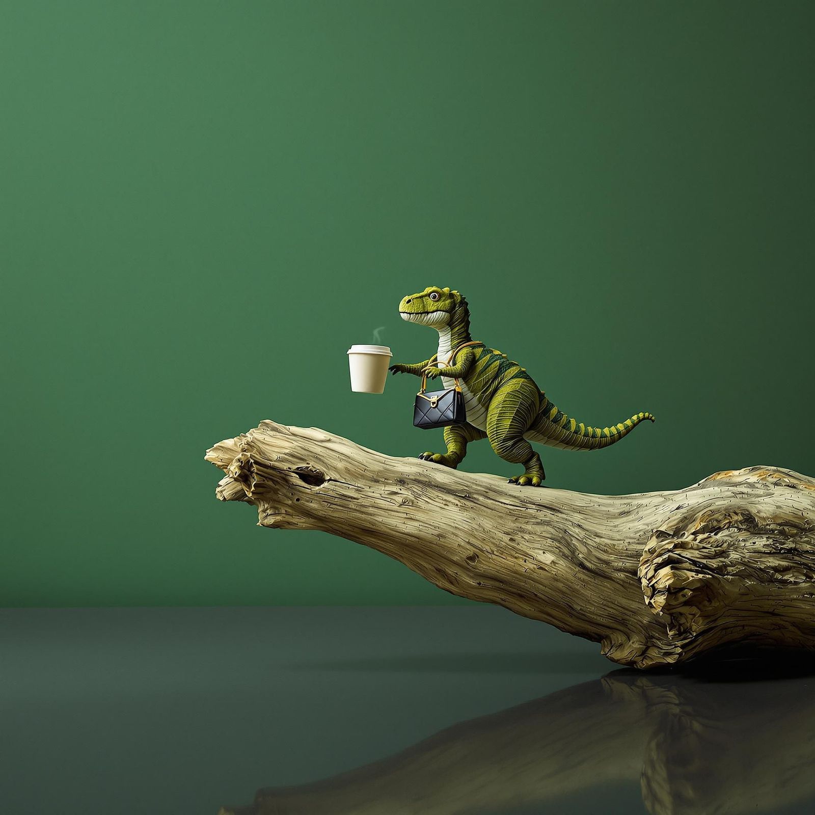 a small toy dinosaur holding a cup of coffee