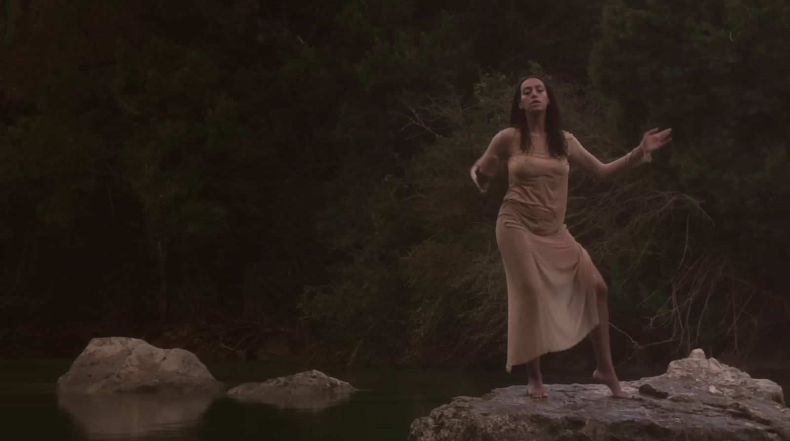 a woman in a dress standing on a rock near a body of water