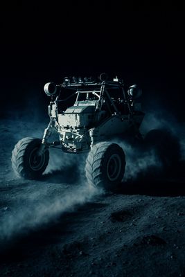 a monster truck driving down a dirt road