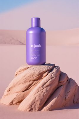 a purple bottle sitting on top of a rock