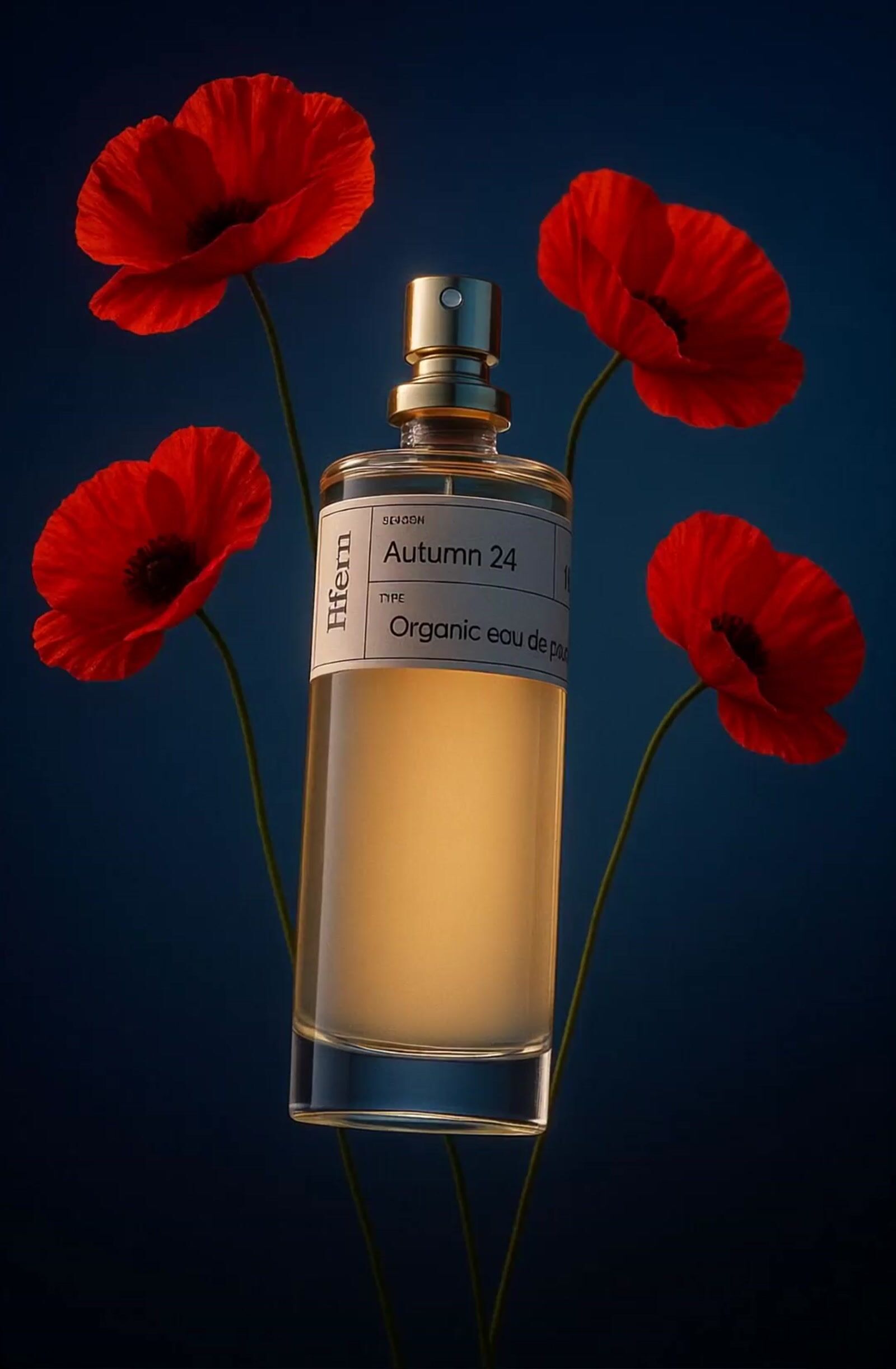a bottle of perfume sitting next to some red flowers
