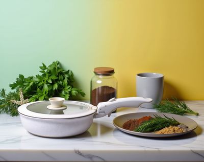 a table topped with plates of food and a jar of spices