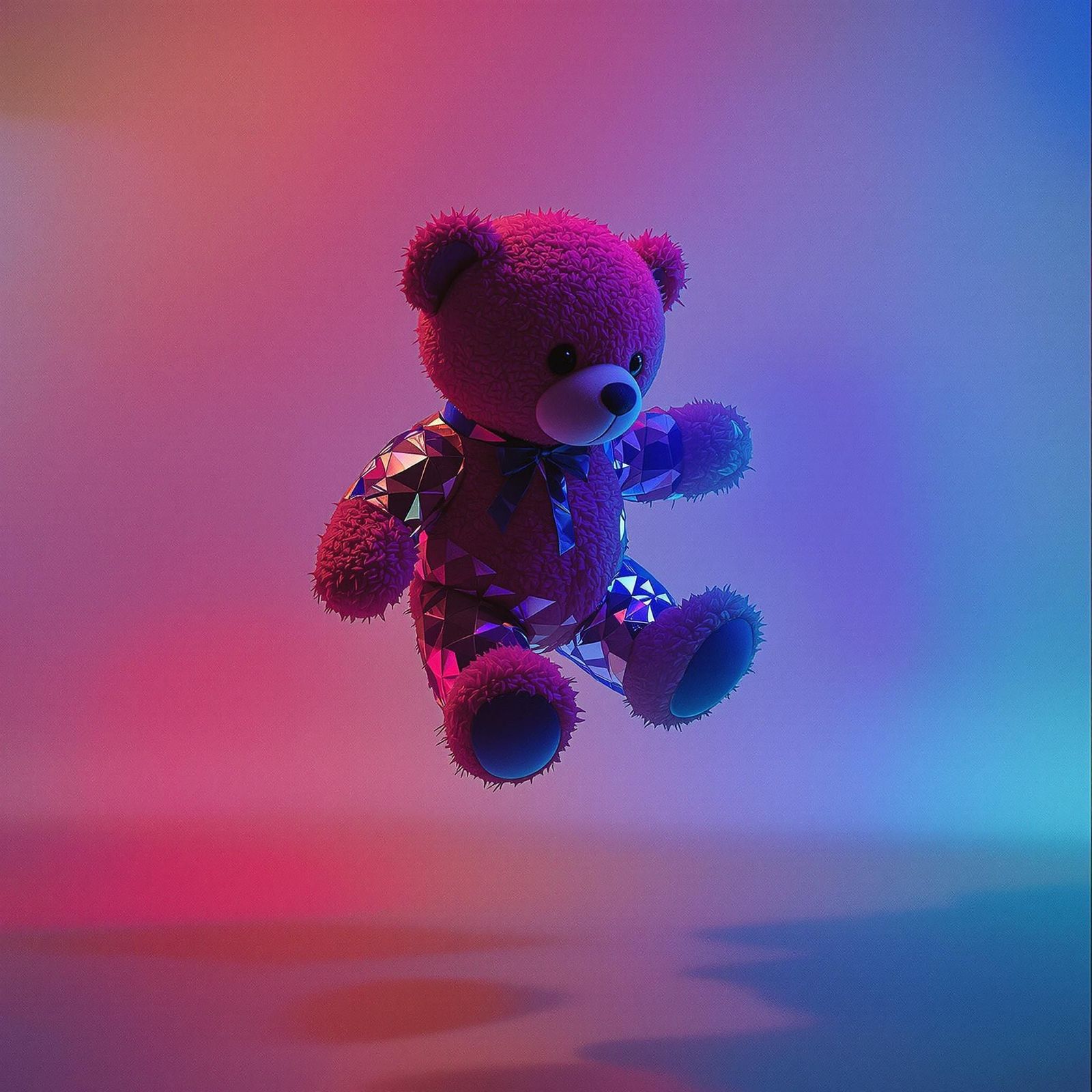 a purple teddy bear is flying through the air