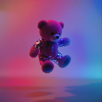 a purple teddy bear is flying through the air