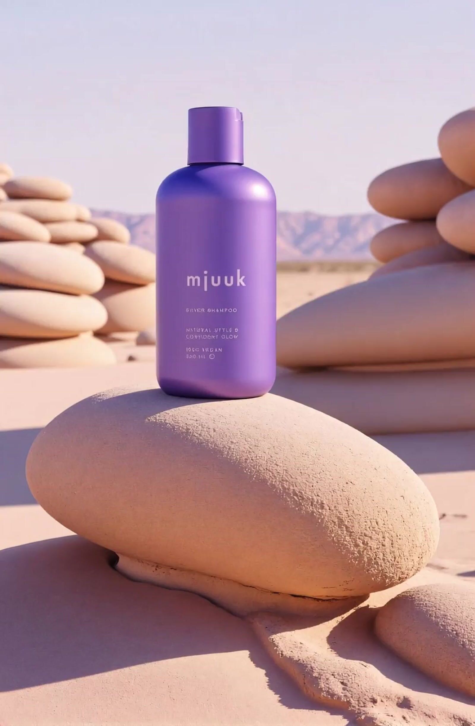 a bottle of musk sitting on top of a pile of rocks