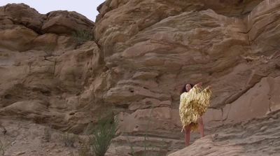 a woman in a gold dress standing in front of a rock formation