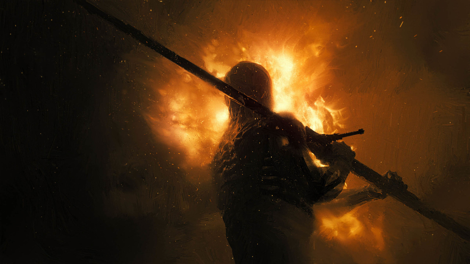 a person holding a sword in front of a fire