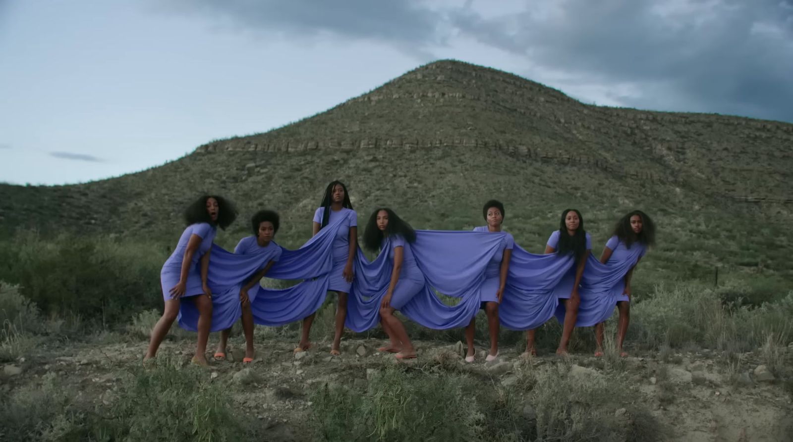 a group of women in blue dresses standing in a field