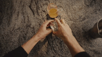 a person holding a glass of orange juice