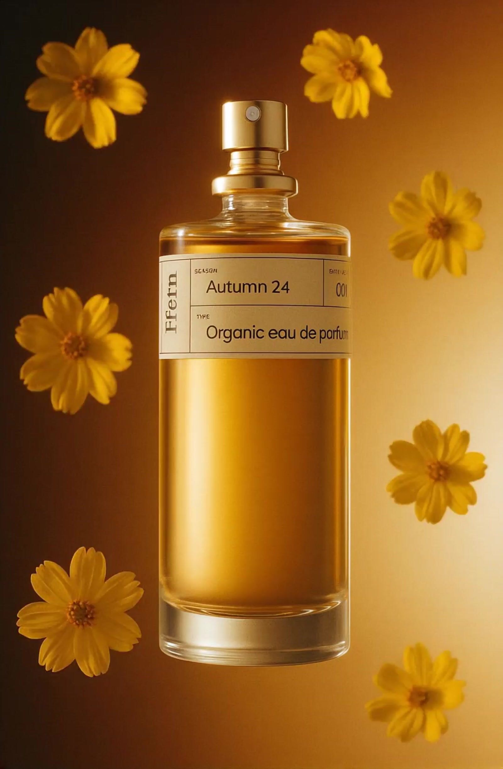 a bottle of perfume surrounded by yellow flowers