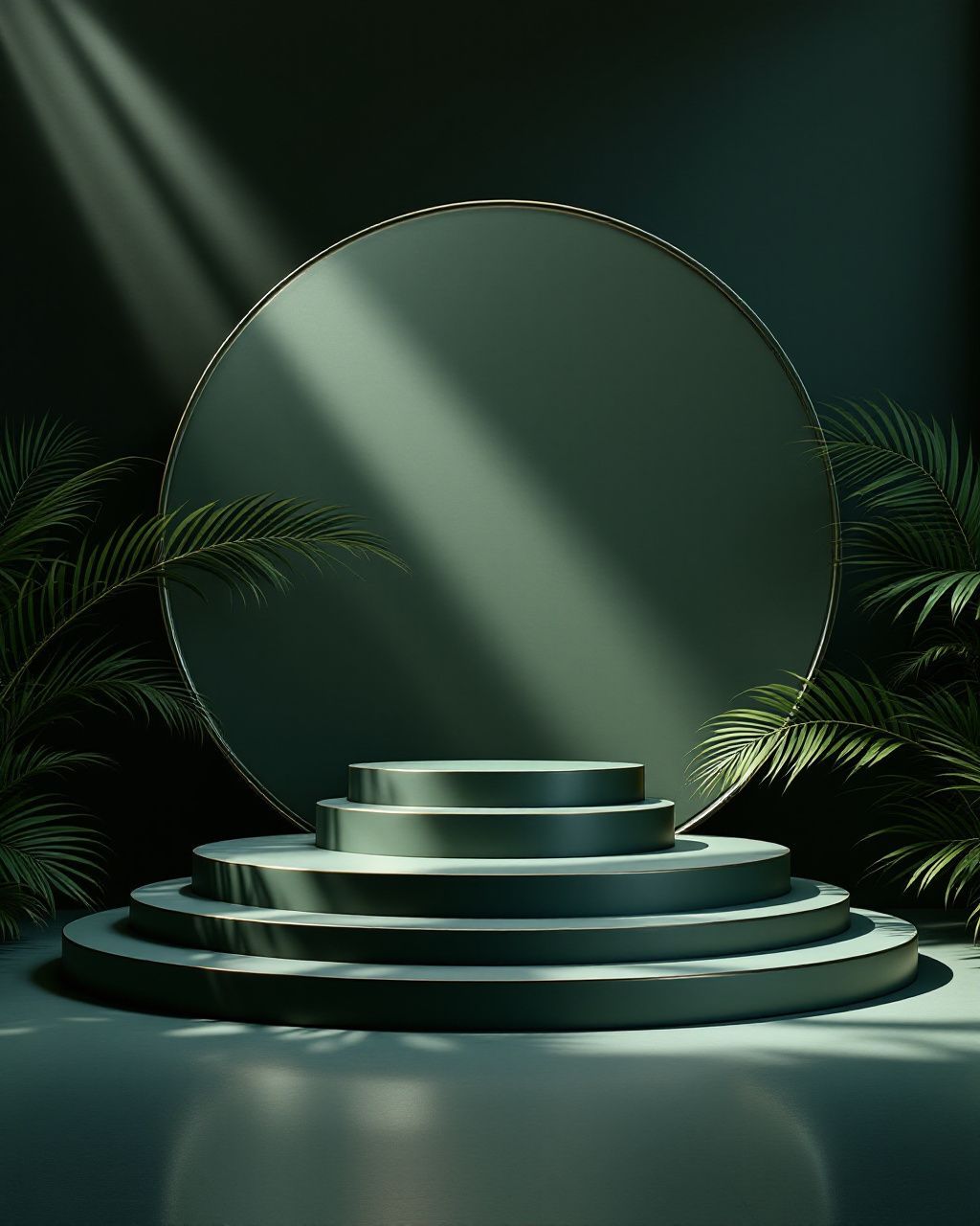 a round mirror sitting on top of a set of steps