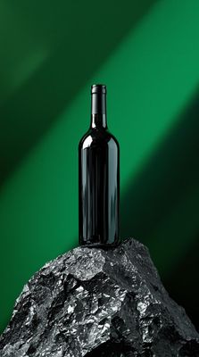 a bottle of wine sitting on top of a rock