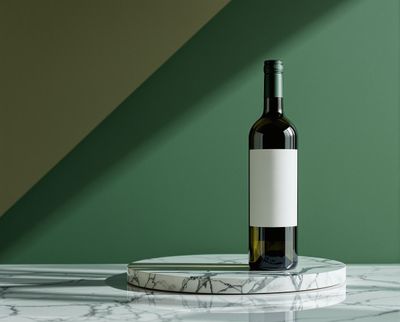a bottle of wine sitting on top of a marble table