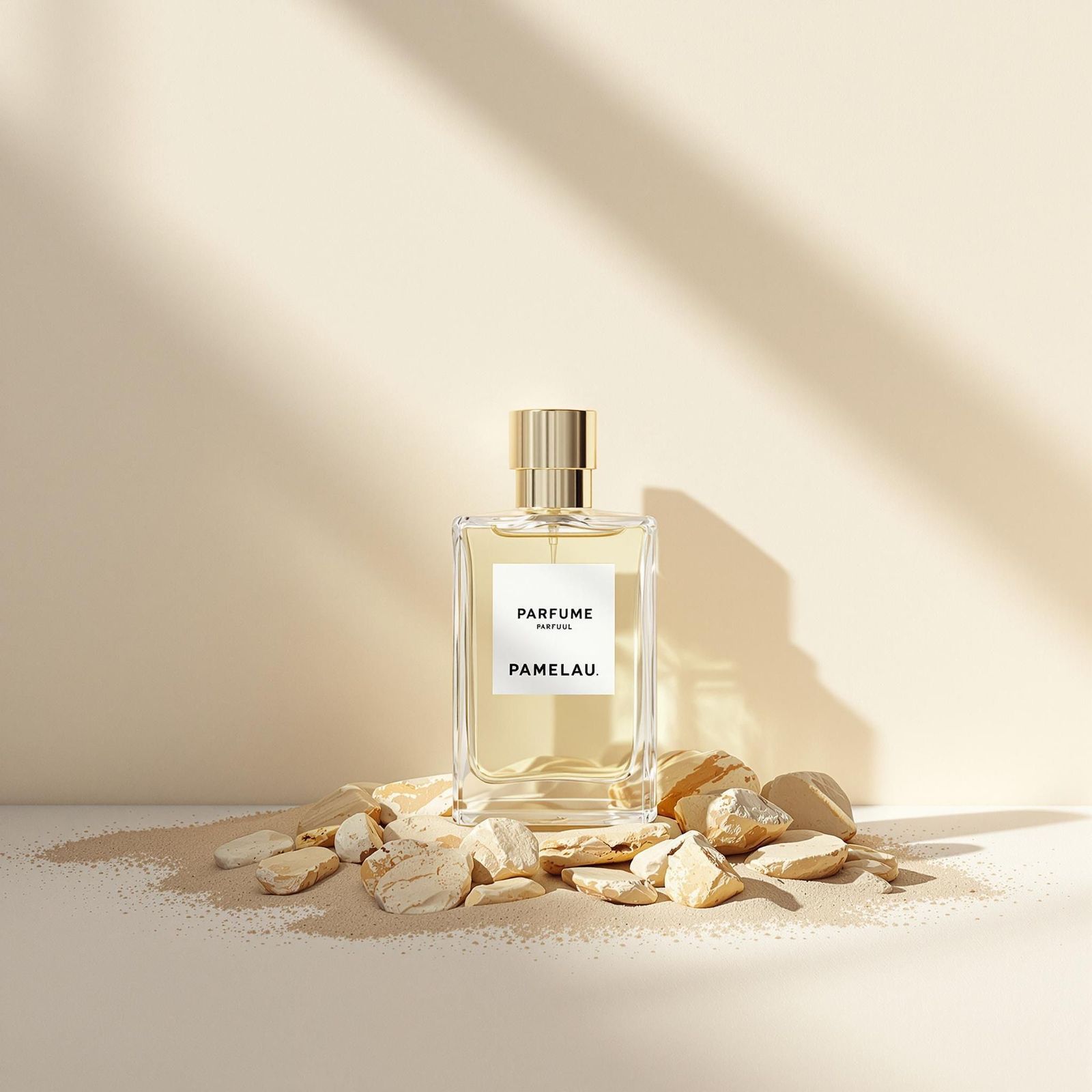 a bottle of perfume sitting on top of a pile of rocks