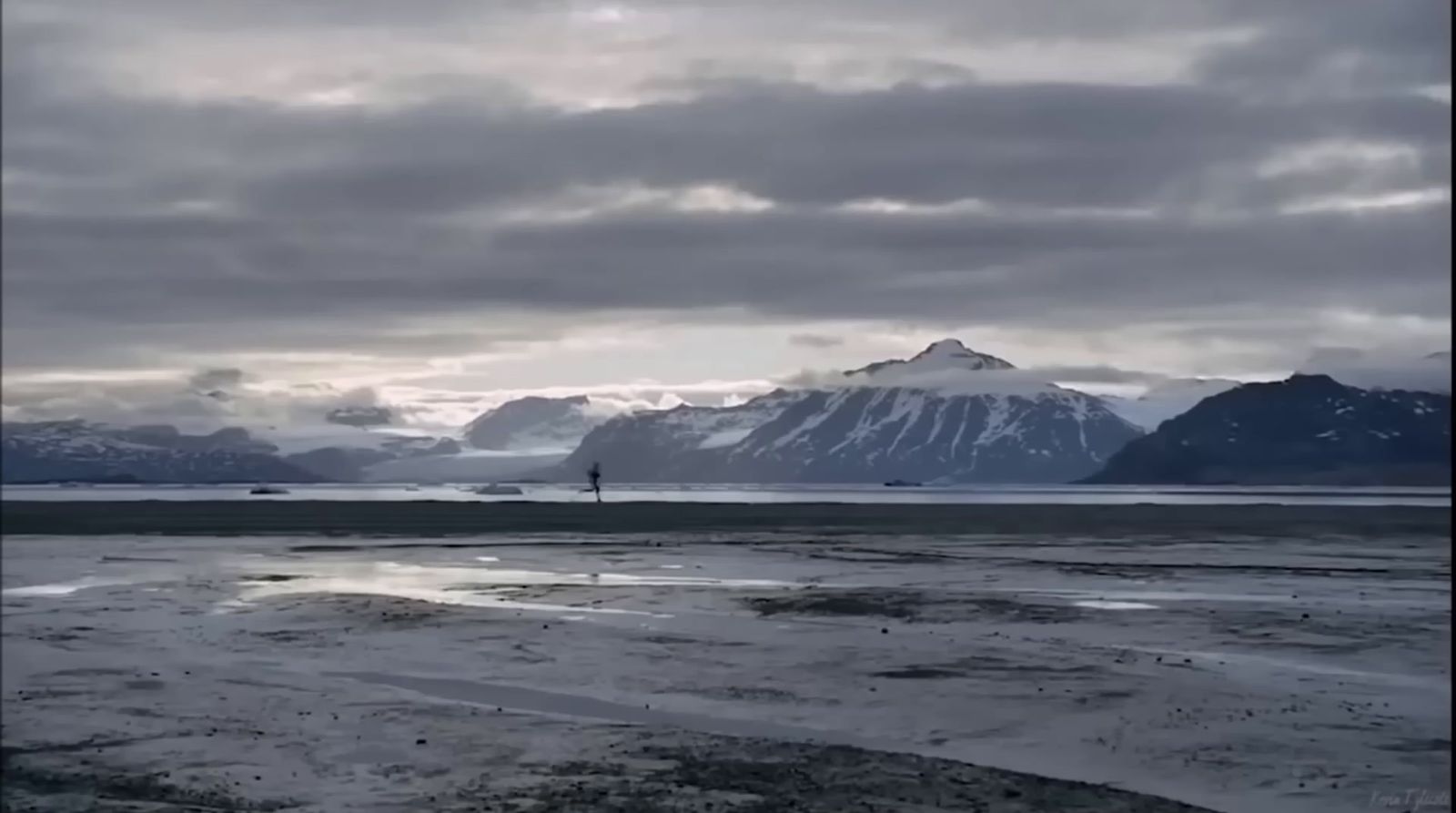 a person standing on a beach with mountains in the background