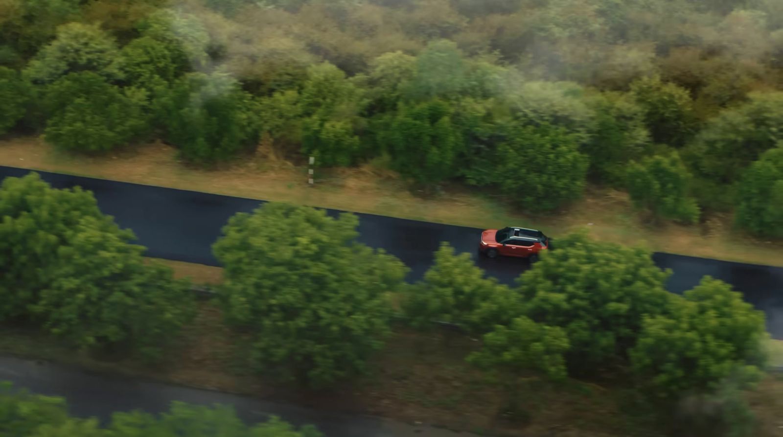 a car driving down a road surrounded by trees