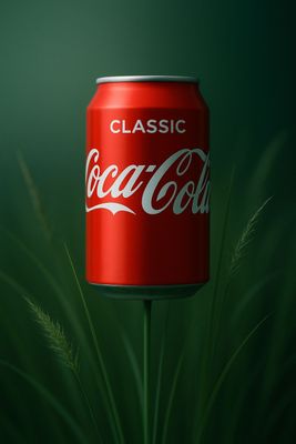 a can of coca cola sitting on top of a green plant