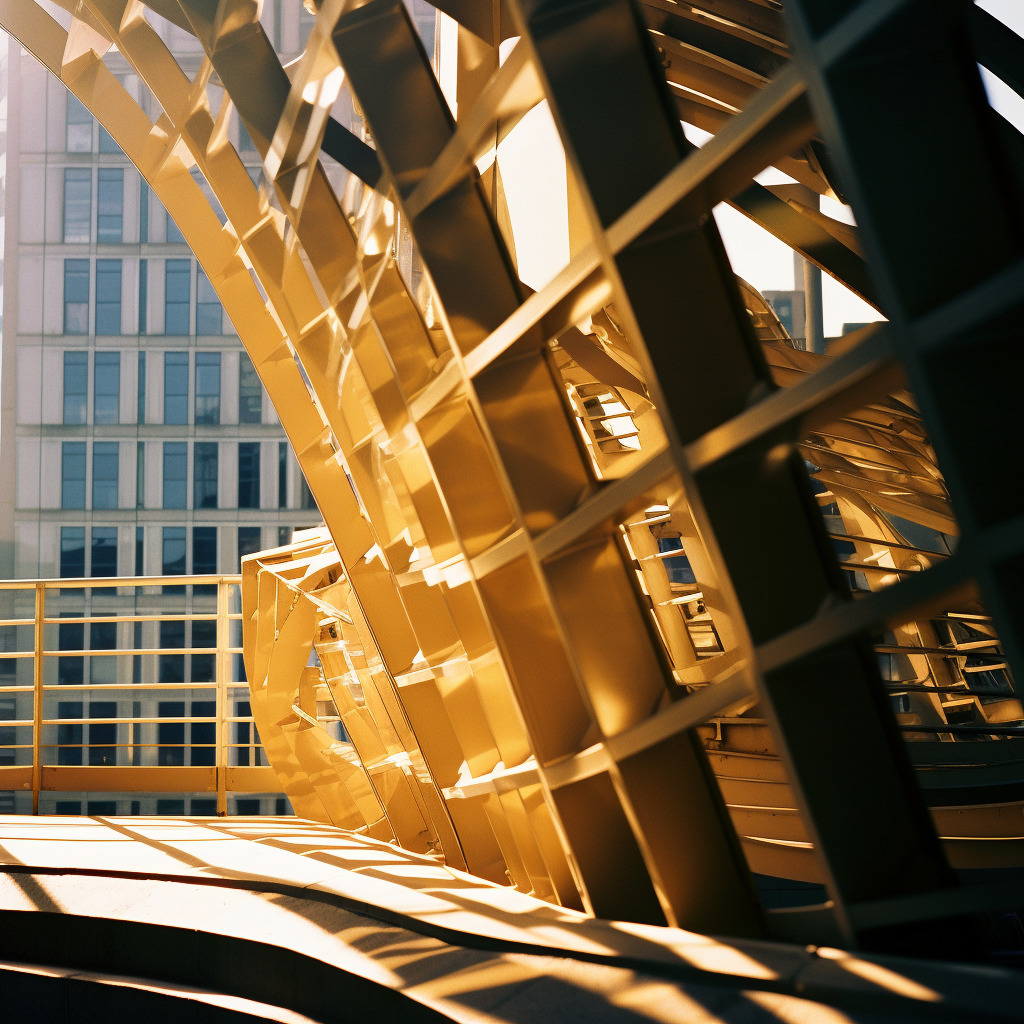 a large metal structure in front of a tall building