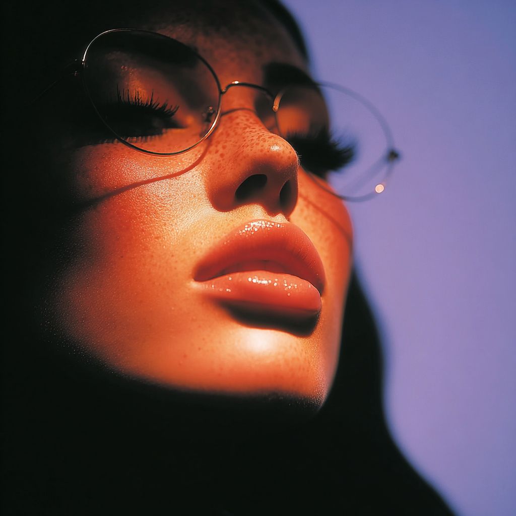 a close up of a woman wearing glasses
