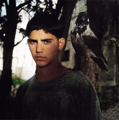 a young man holding a bird on his shoulder