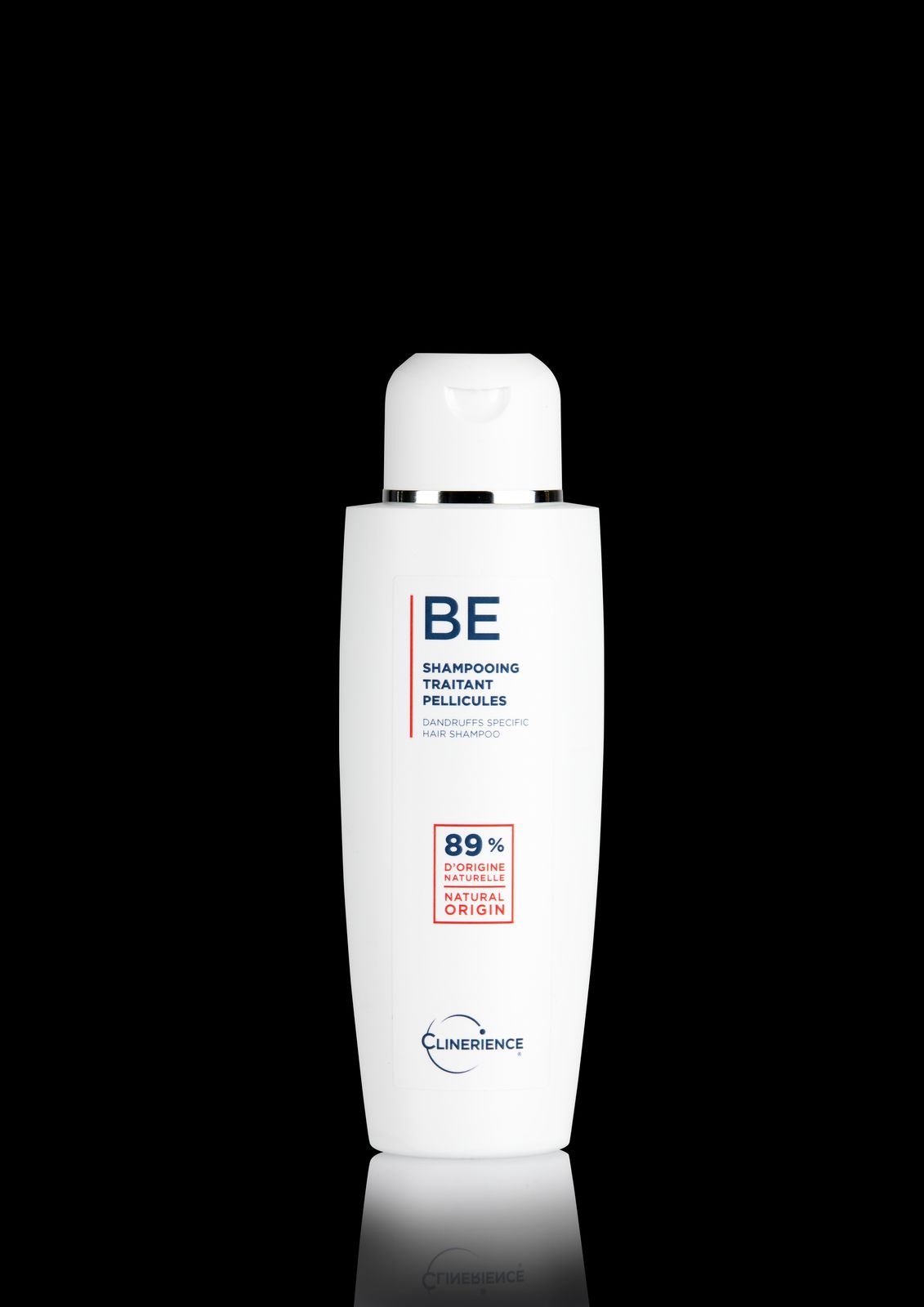 a bottle of be shampoo on a black background