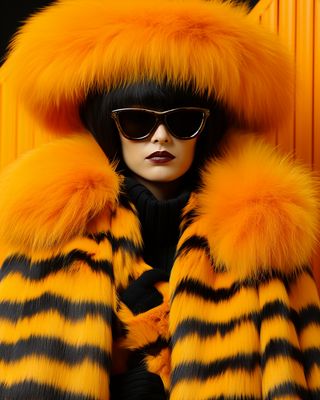 a mannequin wearing a yellow and black striped fur coat