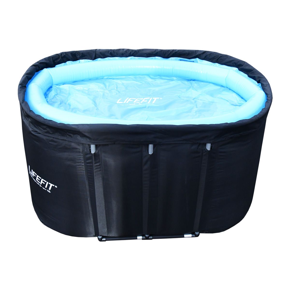 an inflatable swimming pool with a blue cover