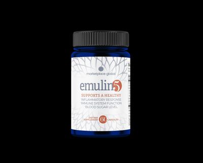 a bottle of emuliin 5 supplement on a black background