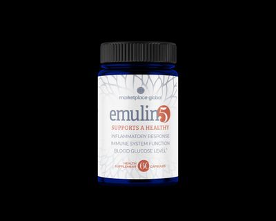 a bottle of emuliin 5 supplement on a black background