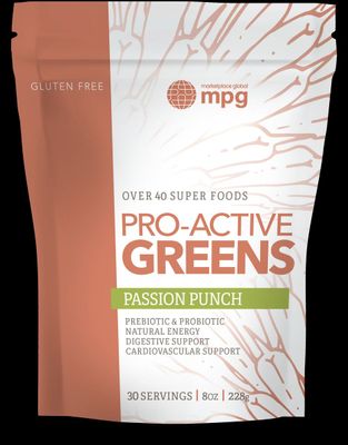 a bag of pro active greens on a black background