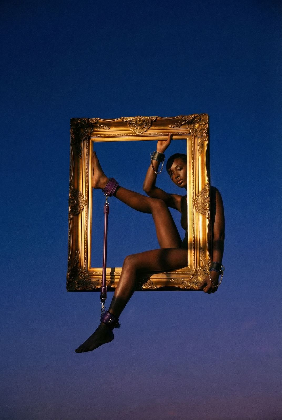 a naked woman sitting in a gold frame
