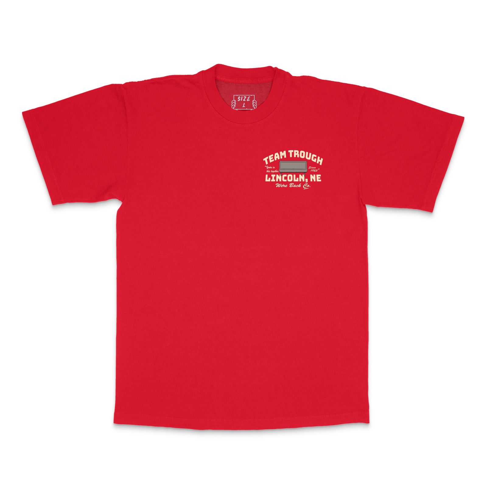 a red t - shirt with a white logo on the chest