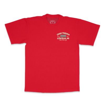 a red t - shirt with a white logo on the chest