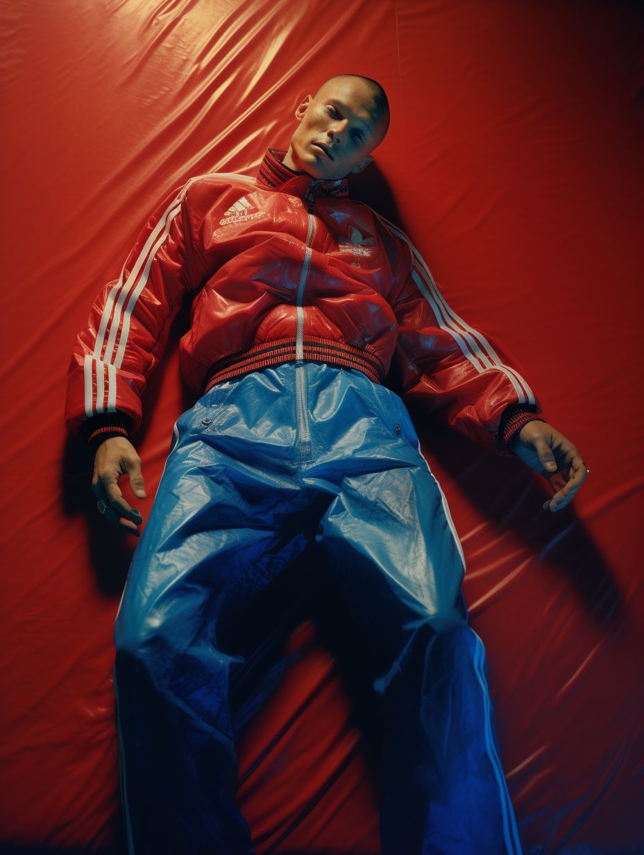 a man in a red jacket and blue pants laying on a red sheet