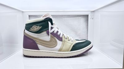 a pair of sneakers in a display case