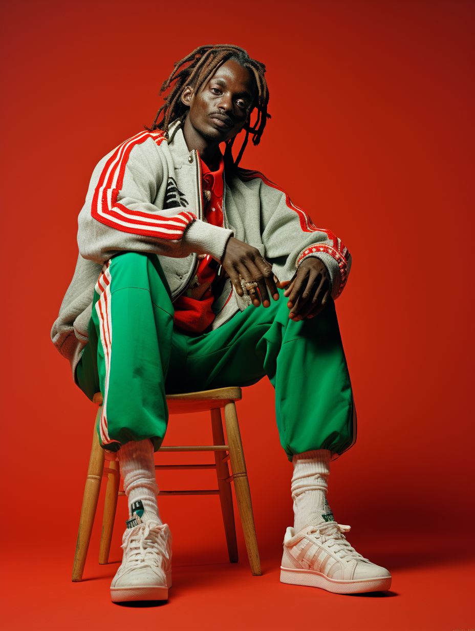 a man with dreadlocks sitting on a stool