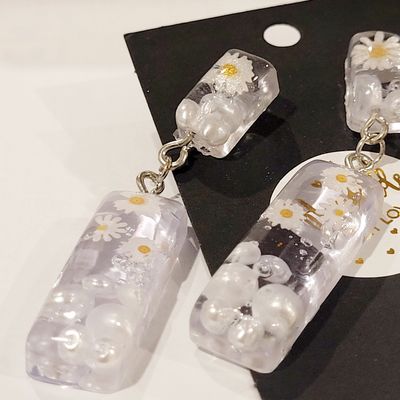 a pair of earrings with flowers on them