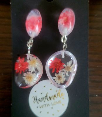 a pair of earrings with flowers on them