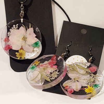 a pair of earrings with flowers in them