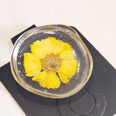 a yellow flower is in a glass bowl