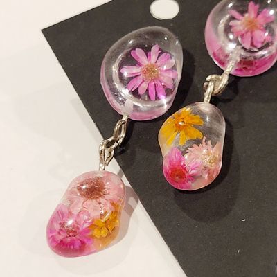 a pair of earrings with flowers in them