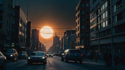 a city street filled with lots of traffic at sunset