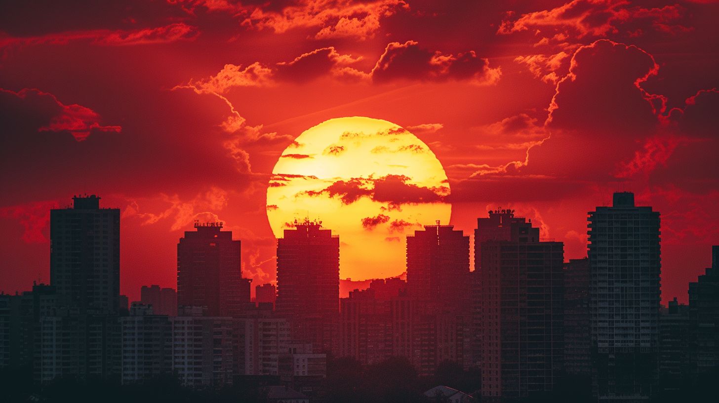 the sun is setting over a city with tall buildings