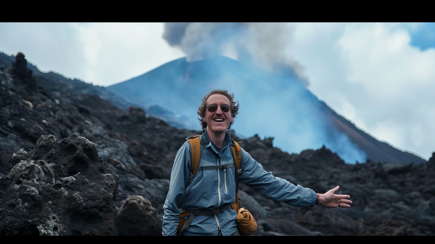 a man with a backpack standing in front of a mountain