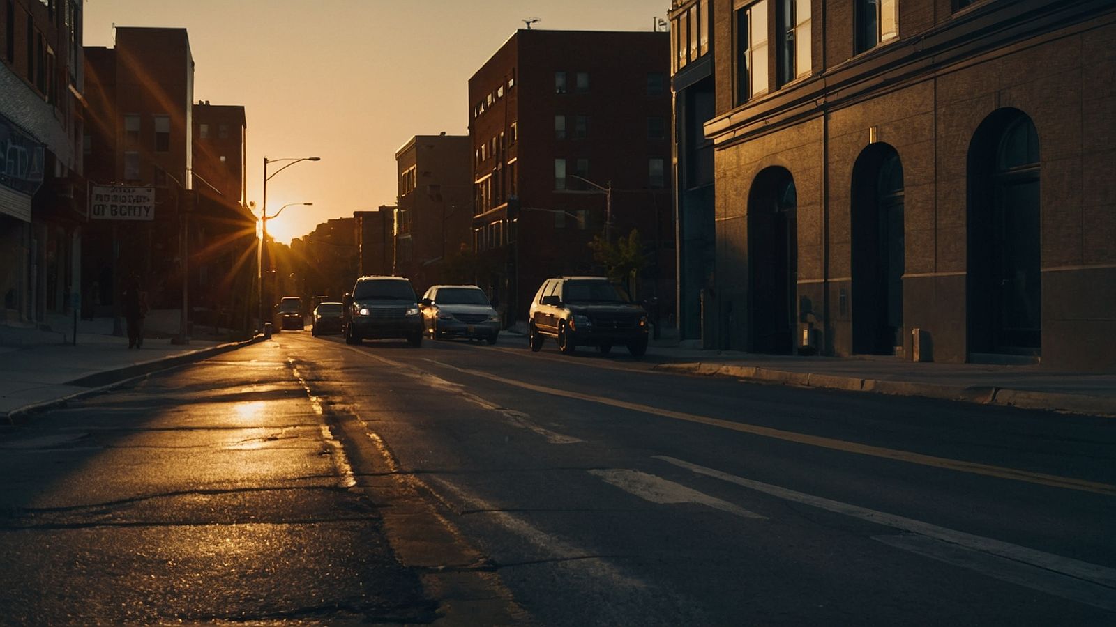 a city street with cars parked on both sides of the street