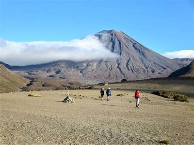 a group of people walking across a dirt field