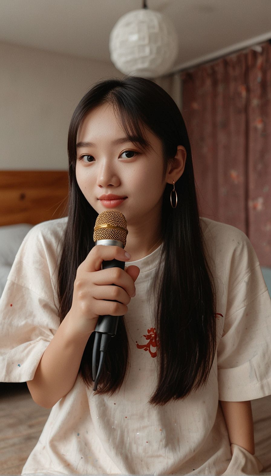 a woman holding a microphone in her hand